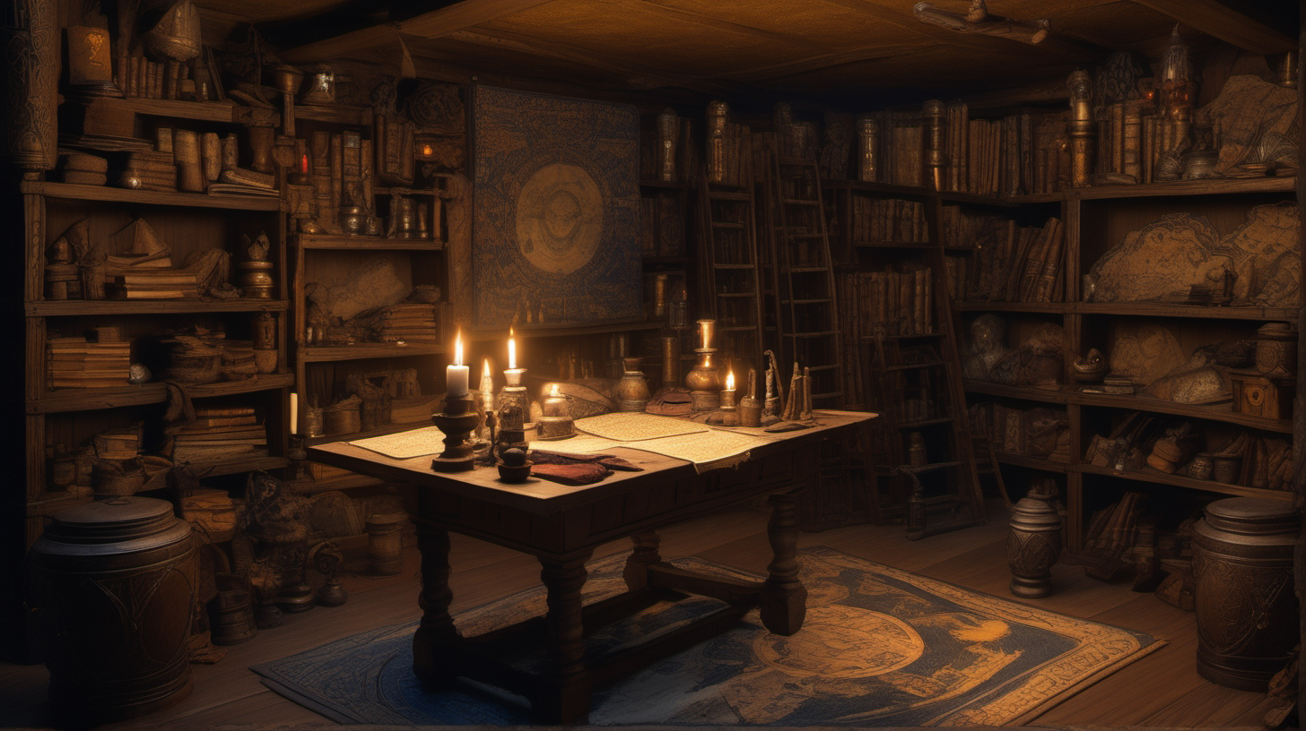 The image depicts a warm and inviting room in medieval style, with many intricate details. In the center, there is a wooden table crowded with various items such as maps, tools, glowing blue crystals, and a metallic mask. The room is illuminated by carefully placed candles on the table and shelves. There are wooden shelves containing books bound in leather covers, a collection of scrolls, and folded maps. Long metal tools are mounted on the wall near the table. In the background, a wooden ladder can be seen, suggesting it leads to another floor or upper shelf. The floor is covered with a patterned circular carpet. The warm lighting gives the room an atmosphere of secrecy and mystery.