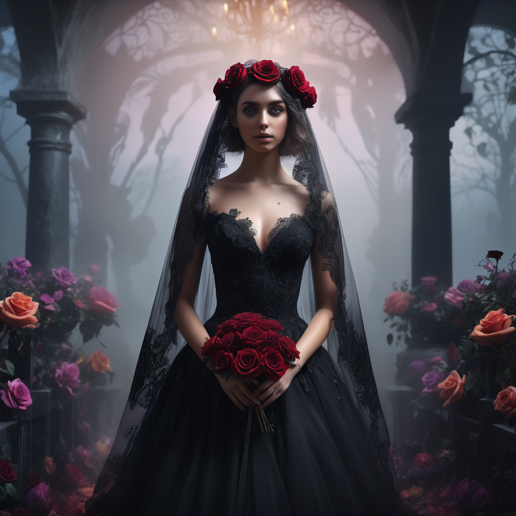 a girl, ((black wedding dress, black wedding veil, black rose, a lot of flowers around)), otherworldly hues, surreal landscapes, dark fantasy art, art-station, a lot of fog around, ethereal glow, vibrant colors, (ghostly effect:0. 8), masterpiece, perfect anatomy, 32k UHD resolution, best quality, highly details, realistic photo, professional photography, cinematic view, cinematic angle, octane render, <lora:more_details:0. 3>, portrait, looking at viewer