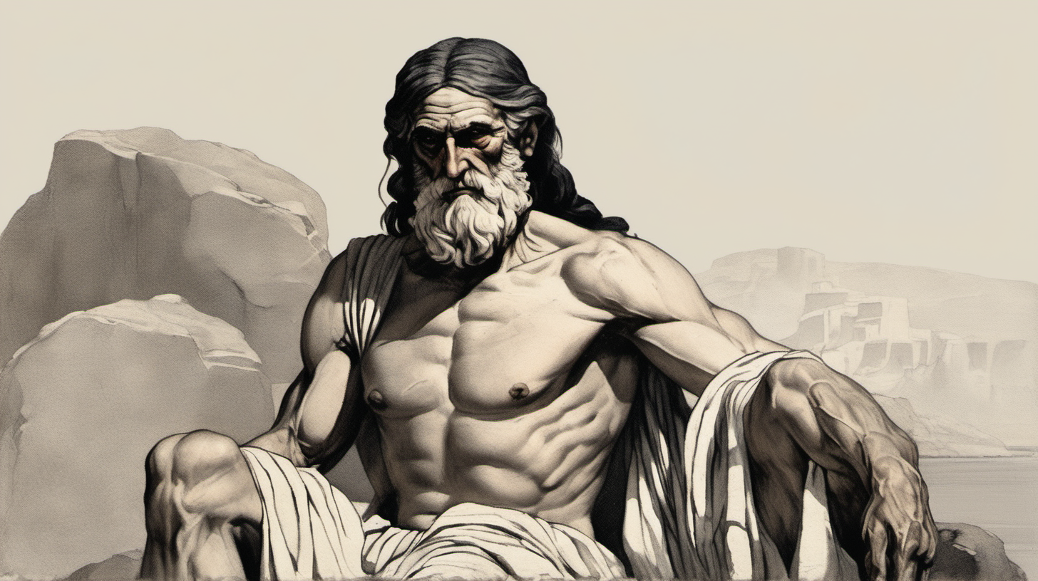 Ancient Greek Old man with muscles, long black hair on cheeks, only one cloth on right shoulder sitting on a rock 
