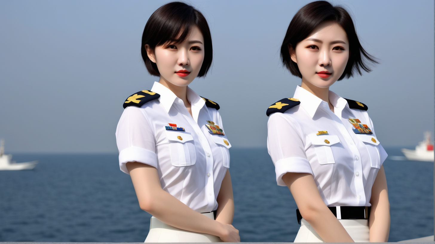 Chinese Navy female soldierShort hairWhite shirtWhite skirt