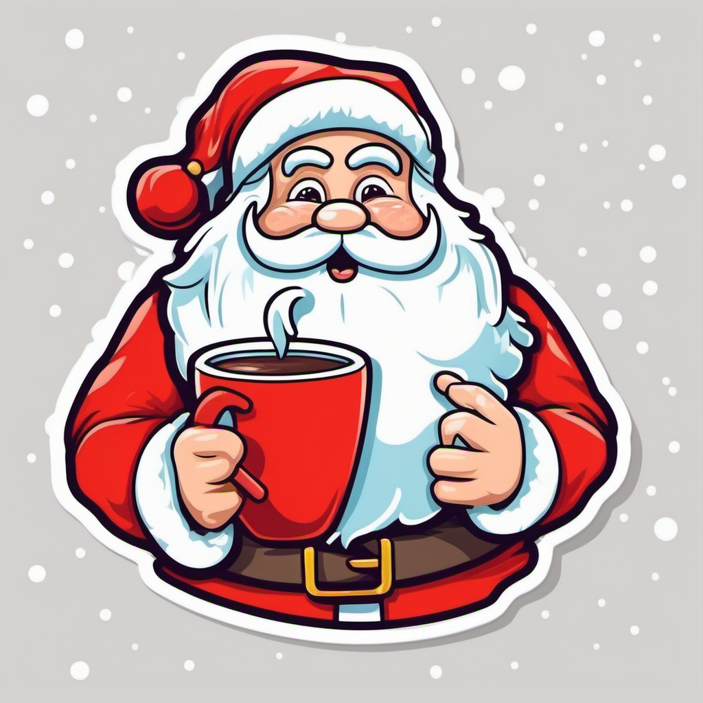 Sticker, Santa Claus with a Hot Cup of Cocoa, 
cartoon clipart, vector image, flat white background
