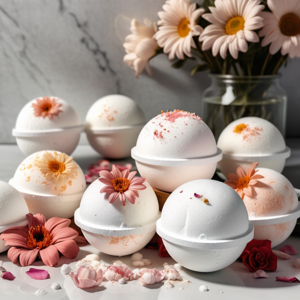 white bath bombs that is displayed in aesthetic fashion in bathroom setting with flower pedals