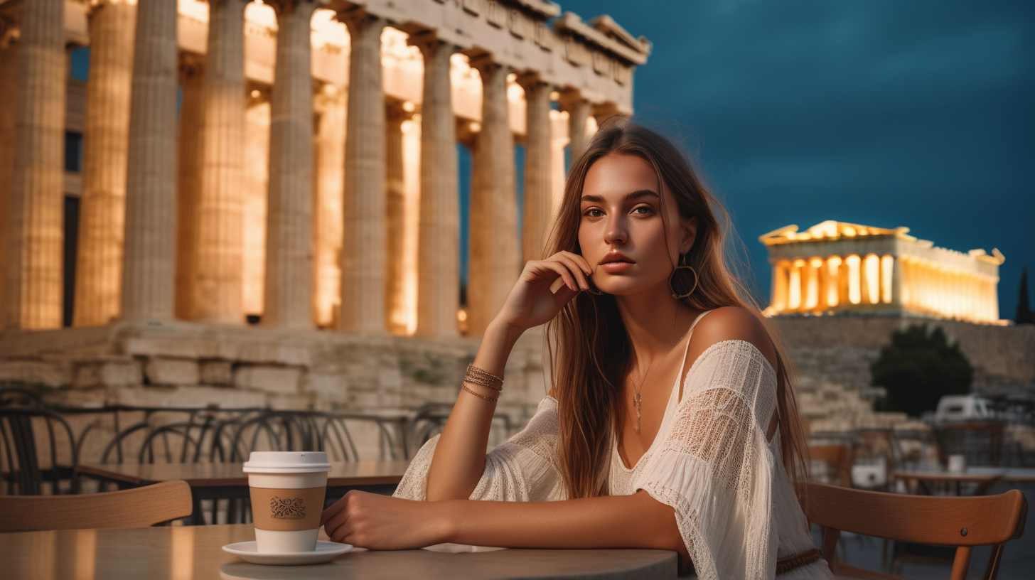 post classic, portrait photography, boho outfit, super realistic woman, sitting in a street coffee shop in modern Athens, dusk blurred Parthenon in the background. Perfect and simetric body and hands. The lighting in the portrait should be dramatic. Sharp focus. A ultrarealistic perfect example of cinematic shot. Use muted colors to add to the scene.