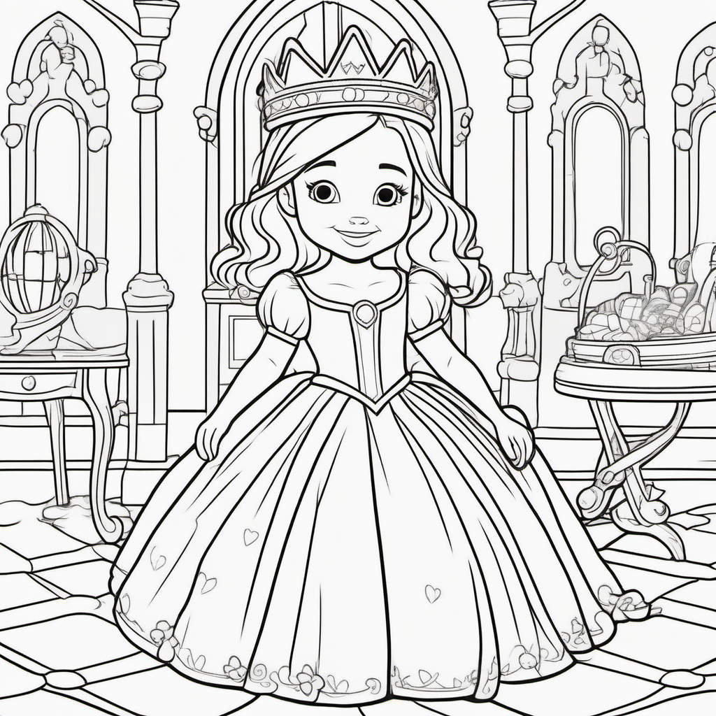 coloring pages for young kids, a toddler princess wearing a crownplaying with toys inside her royal nursery inside a castle,cartoon style, thick lines, low detail, no shading  