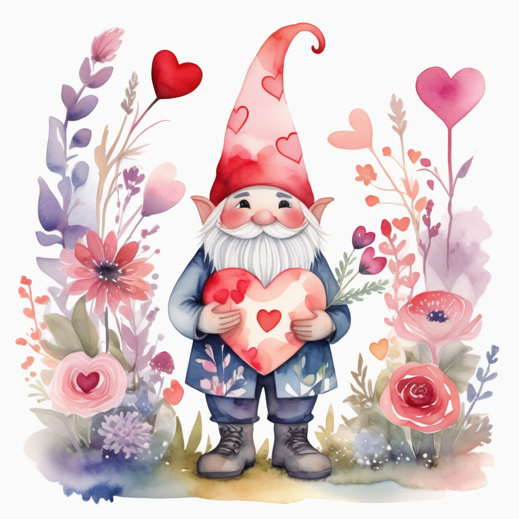 A watercolor illustration of a valentine-themed gnome. Surrounded by abstract floral patterns, the gnome stands in a garden, holding a heart-shaped bouquet. The color palette is eclectic, combining vibrant and muted tones for a modern aesthetic. The gnome's expression is serene, embodying a sense of peaceful love. The lighting is soft and diffused, casting a gentle glow on the scene, creating an atmosphere of tranquil romance. --v 5 --stylize 1000