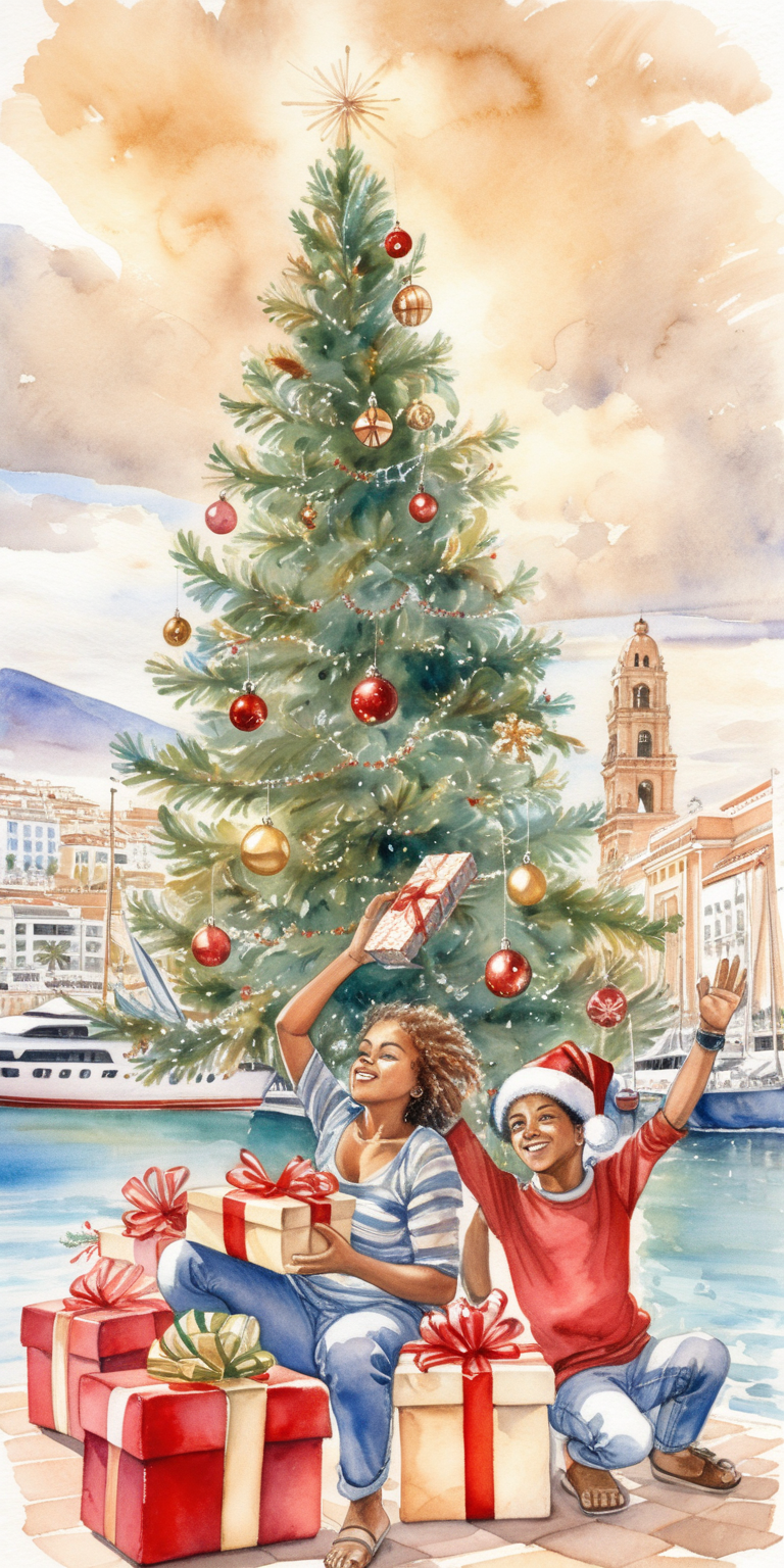 Paseo marítimo de malaga,ambiente navideño,mulata picarona con regalos,vista ascendente,arbol de navidad,estilo milo manara,acuarela