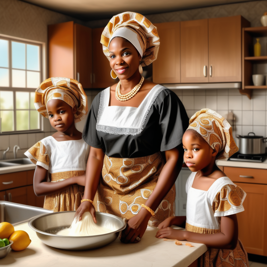 a realistic image of a black American light brown   large female wearing gele on head  wearing Nigerian dress in the kitchen with her two middle school daughters one washing dishes and other cooking Fufu with momy 