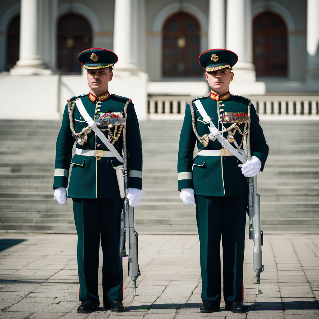 Two Russian armed guards, dressed in military uniforms. Stoic, Vigilant, Commanding, Regimented, Patriotic. Professional DSLR camera. Telephoto lens for capturing details from a distance. Mid-morning, with clear sunlight casting defined shadows and highlighting the uniforms and architectural details. Focus on the disciplined and stoic demeanor of the armed guards as they stand at attention. Capture their uniforms, posture, and the sense of authority. Digital capture with high resolution to showcase the details and sharpness of the uniforms. Use post-processing to enhance the colors and emphasize the seriousness and pride of the guards in their duty.





