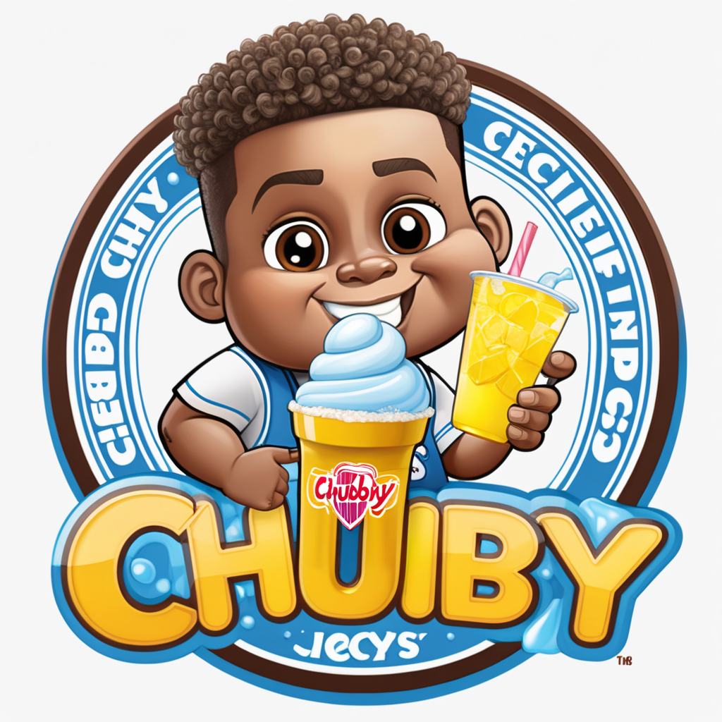Creat an image of a stylized 3 dimensional emblem with resemblance to a badge or seal. The emblem features the words “Chubby Cheeks Iceys” in bold raised lettering. The central image is a cute African American boy with a curly high top fade holding one italian ice in a clear cup and one lemonade 
