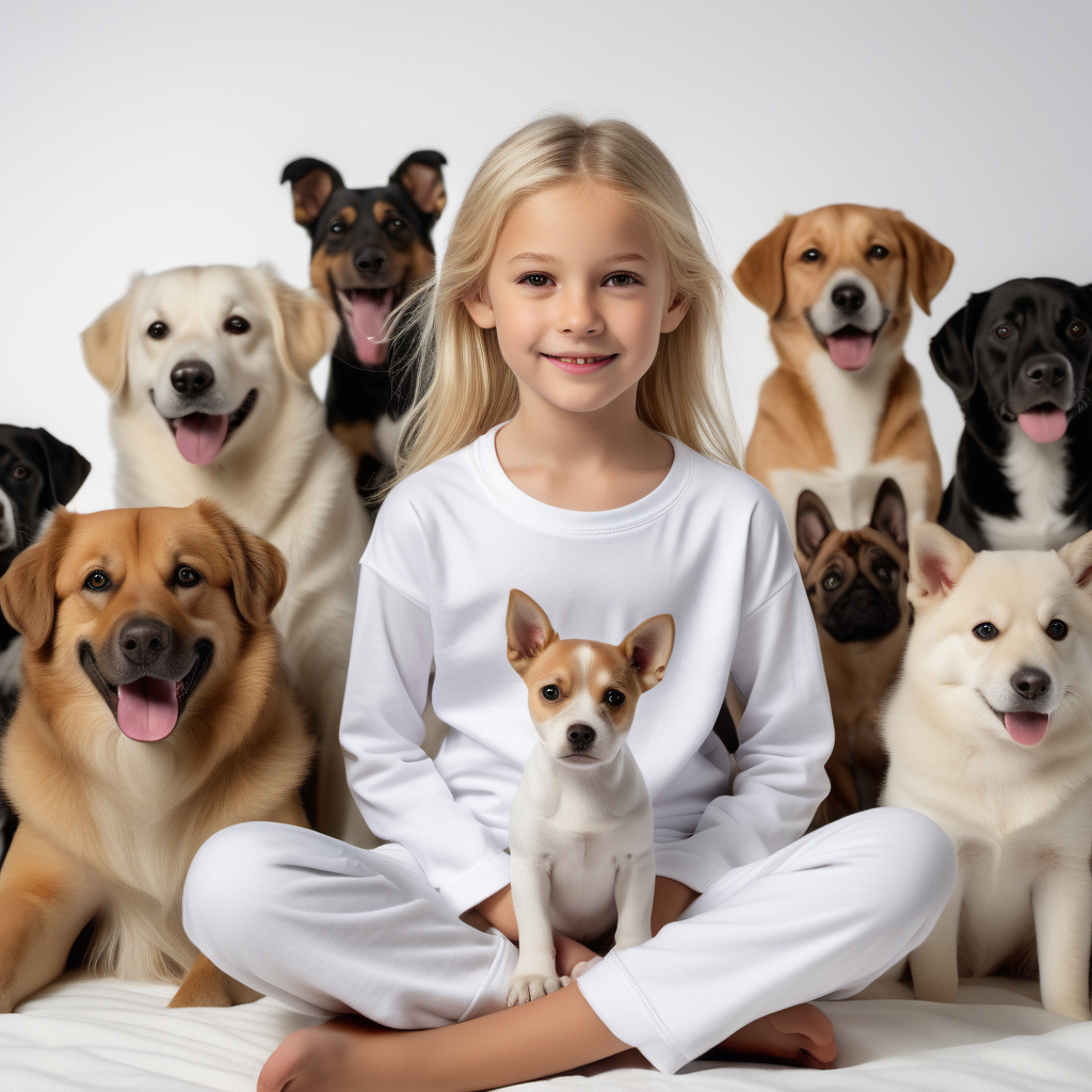 “Perfect Facial Features photo of a blonde 8 year old girl sitting in  white cotton tshirt pyjama with no print, long  tight cuff sleeves, loose long pants) ,surrounded by many different dogs, no background, hyper realistic, ideal face template, HD, happy, Fujifilm X-T3, 1/1250sec at f/2.8, ISO 160, 84mm”