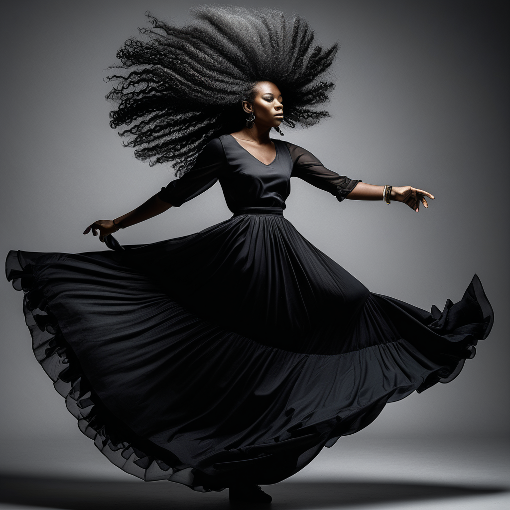 A dark skin black woman in colorful flowing clothes dancing with long beautiful cascading hair, full lips in a sexy smile