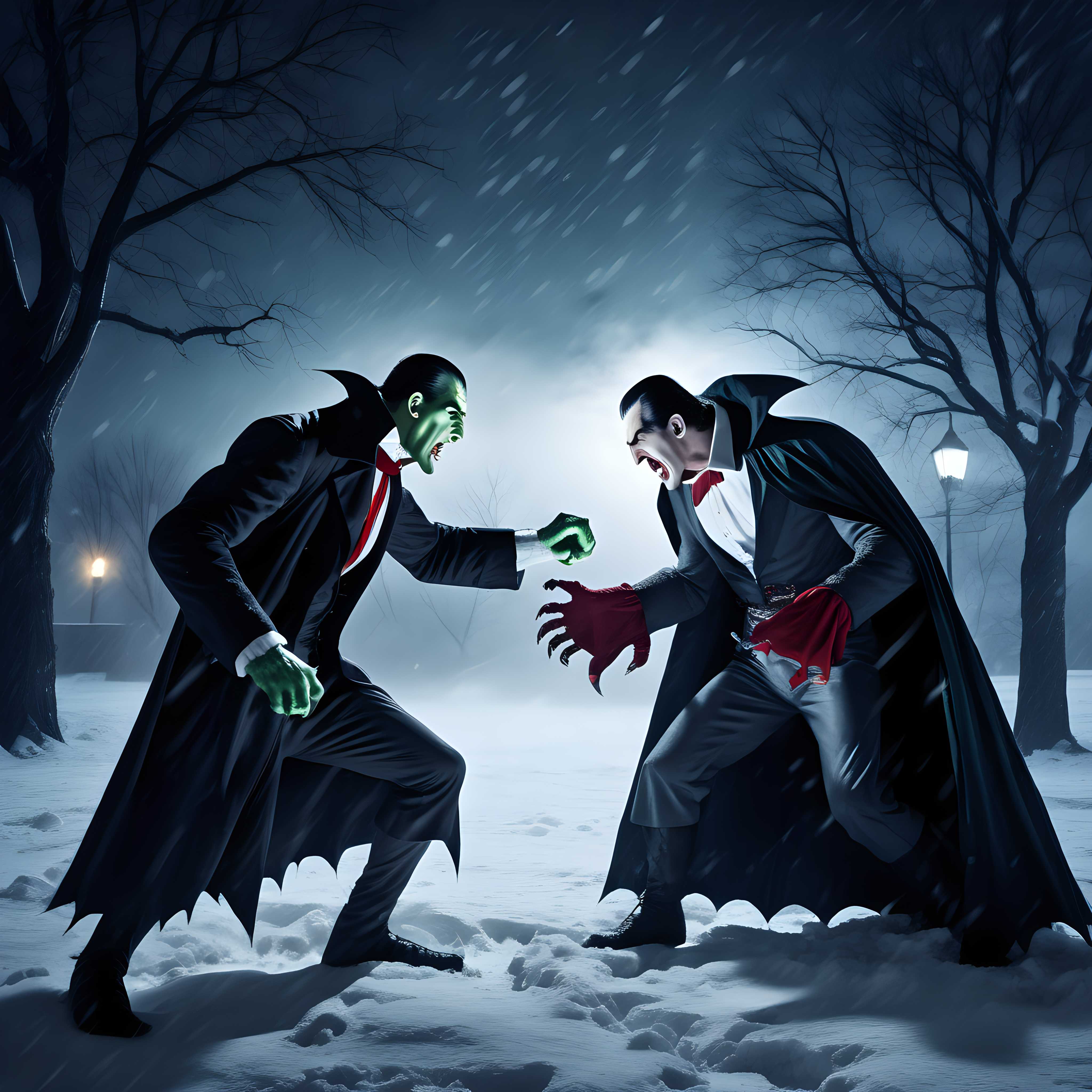 Dracula fighting Frankenstein Monster in winter snow storm at night