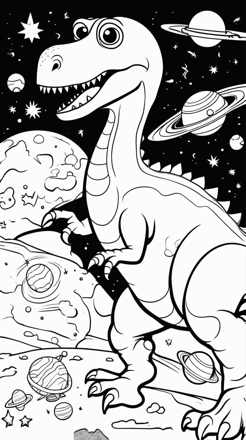 A funny coloring book for children about a dinosaur in space and planets. The background will be white and without shadows, and the drawing will be black with a thin line without shadows