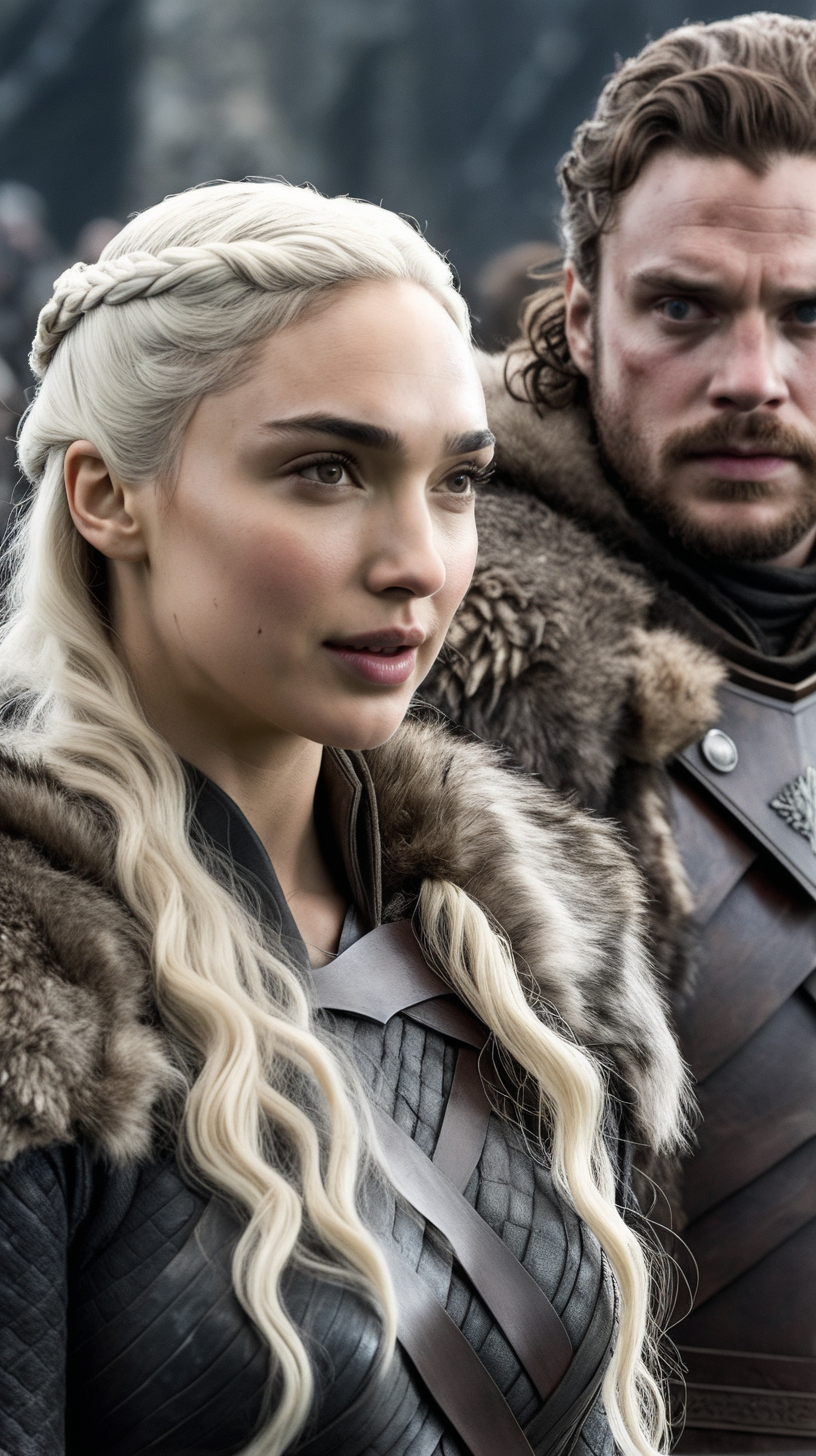 Gal Gadot, with platinum blonde hair, standing beside Robb Stark in Game of Thrones.