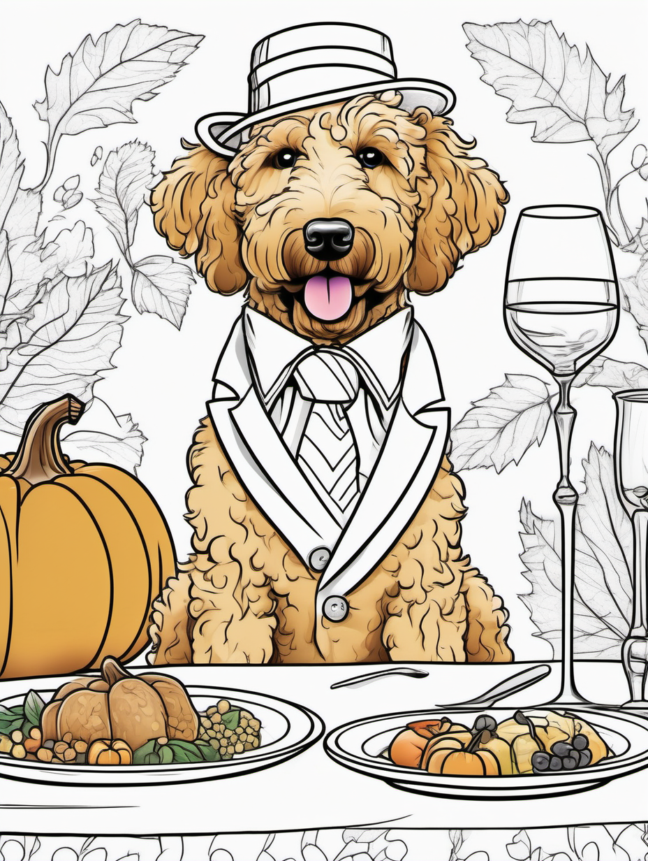 A cute smiling goldendoodle at a whimsical Thanksgiving Day dinner with other animals in fancy attire for a coloring book with black lines and white background