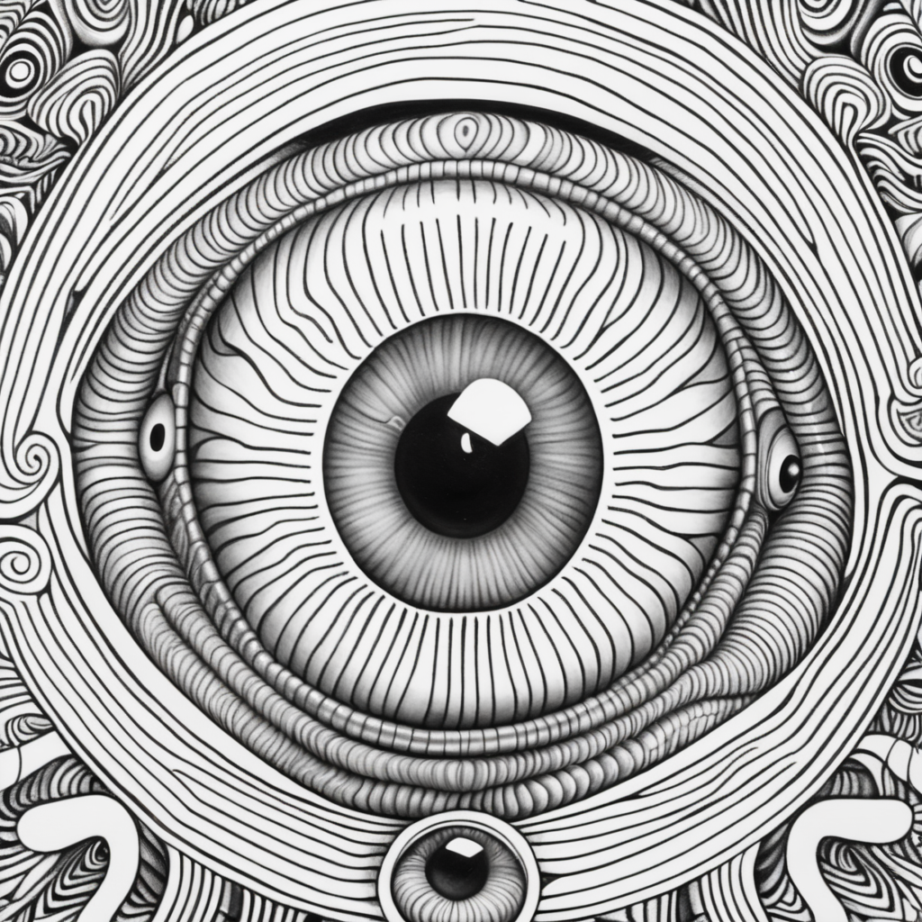 adult coloring book, black & white, clear lines, detailed, symmetrical earthworm eyeball
