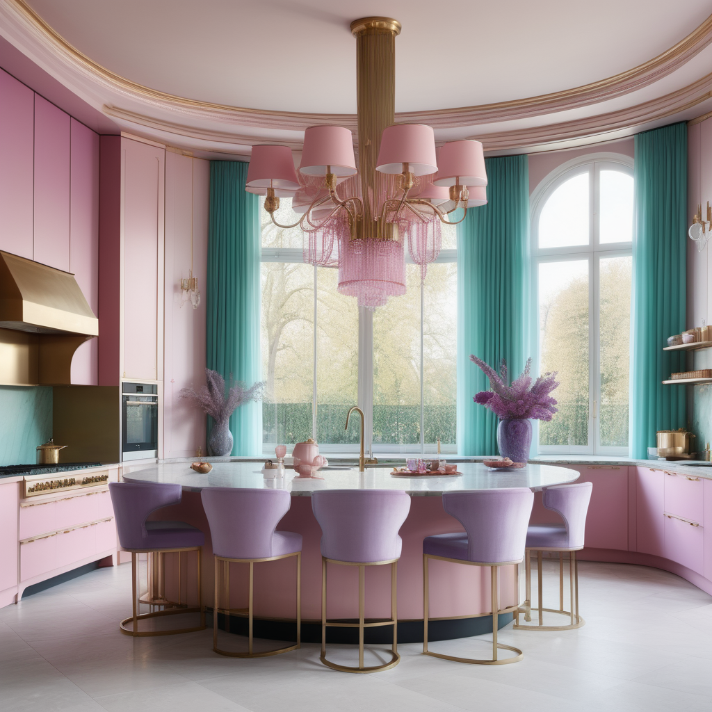 hyperrealistic image of large modern Parisian kitchen with island, floor to ceiling windows, curves, pink, aqua, lilac and brass colour palette, brass chandelier, sheer curtains