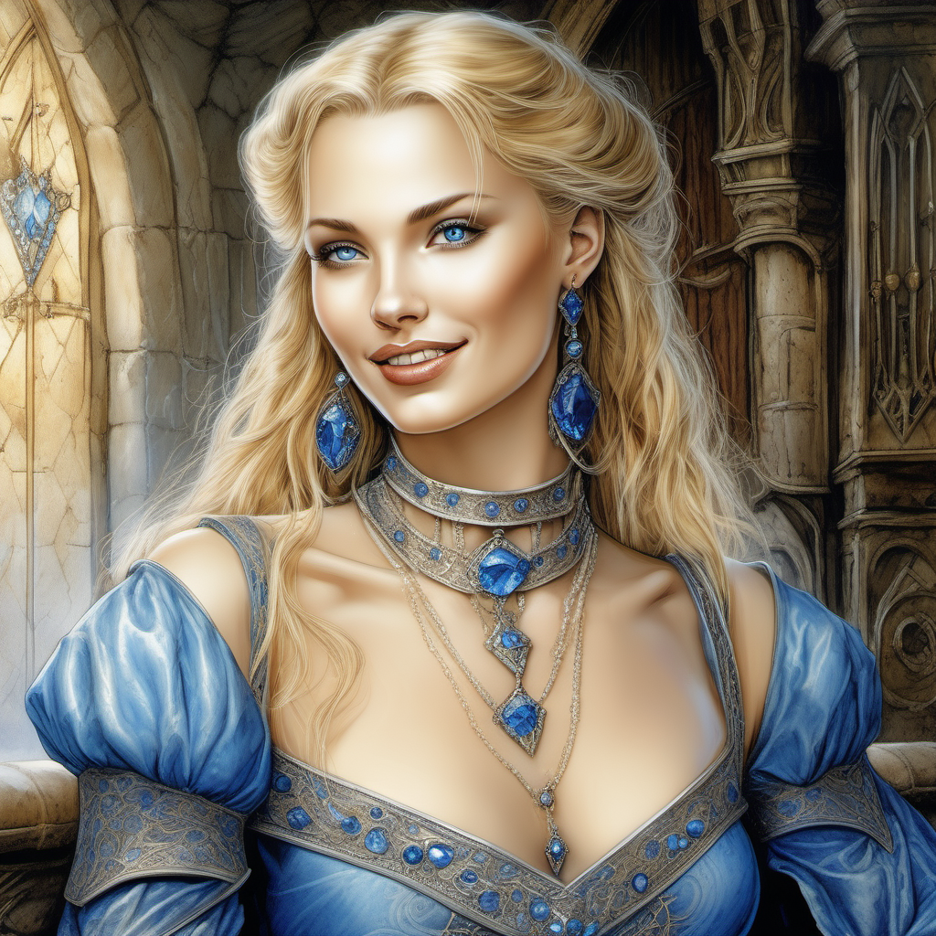 genera una ilustración a color, estilo Luis Royo, de una mujer noble medieval, rubia, guapa, ojos azules, vestido lujoso azul, con joyas en cuello y pendientes, labios gruesos, nariz recta, muy hermosa, piel pálida, sonrisa traviesa, de fondo una lujosa habitación medieval
