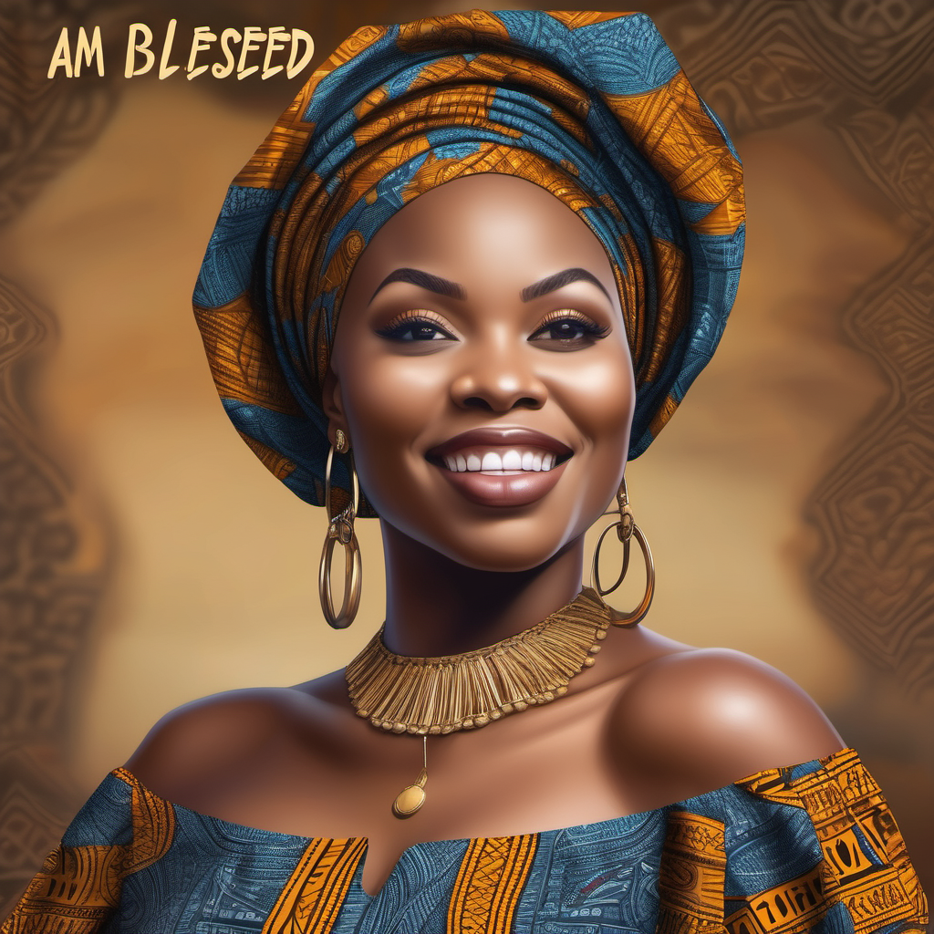 A realistic image  full body of a curvy nubia skin black woman with super medium short cut hair wearing african dress and head gele  With the words AM BLESSED in the back ground 