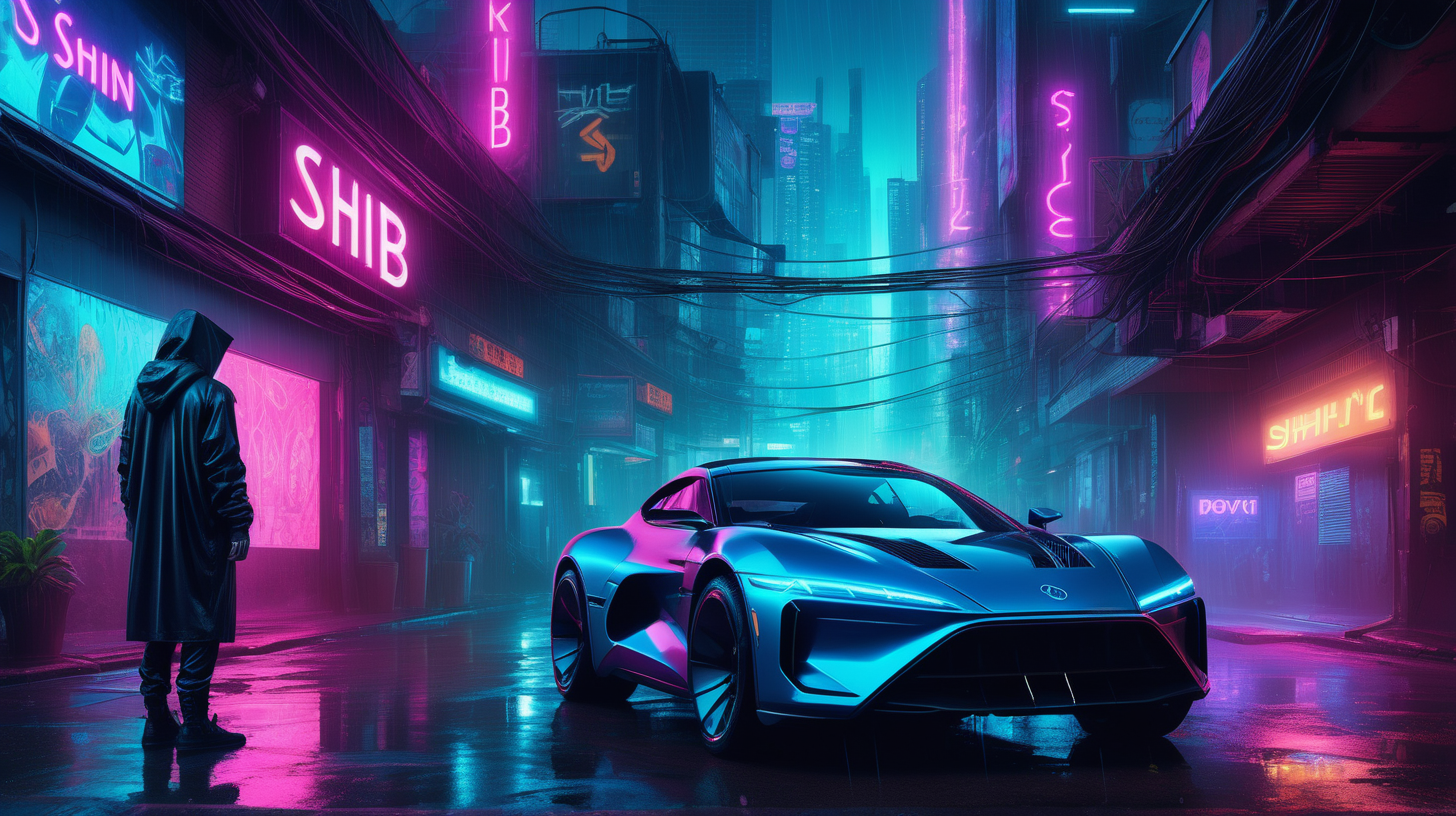 "A hyper-realistic photograph depicts a cyberpunk rendition of a future metropolis at night. The scene centers on a hooded figure, exuding an aura of mystery, standing by a futuristic sports car that gleams with metallic hues under the ambient neon lights. Above in the dense urban jungle, neon signs cut through the misty air, with the word 'SHIB' prominently displayed, signifying the cryptocurrency's integration into the fabric of society. The rain-slicked streets reflect the myriad of neon, including the bright 'SHIB' logos that illuminate the surroundings with a cool electric blue, adding depth and brilliance to this nocturnal urban landscape."

