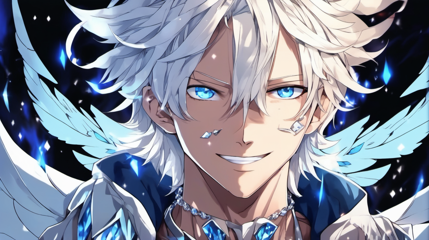 Anime blue eyes with flames inside them, male dude with hero vibes, smiling with smug powerful face, white curled hair,  large angel wings with crystals, Dimond on forehead, necklace, happy guy