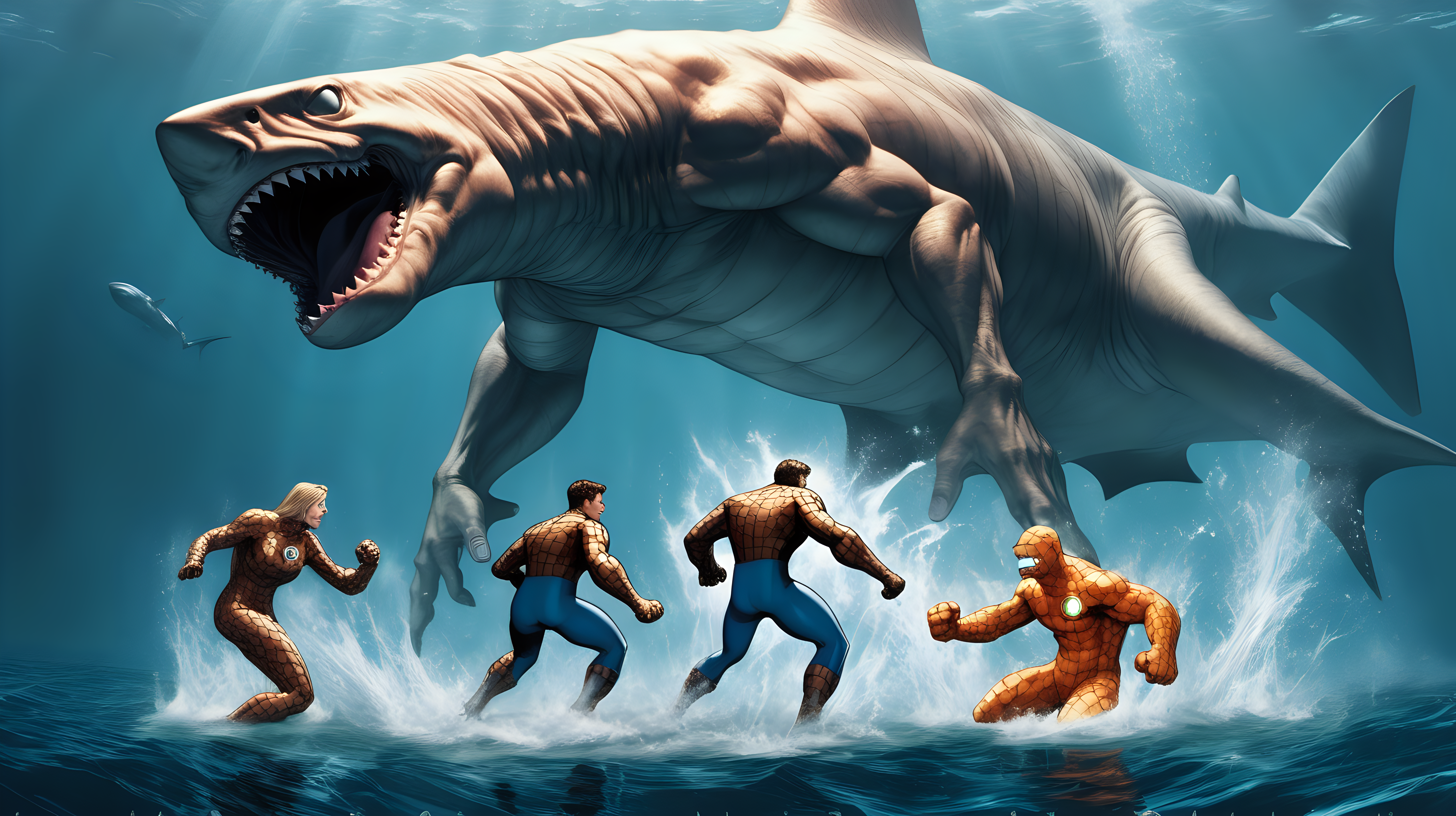 The Fantastic Four fights a giant shark with legs and wings underwater