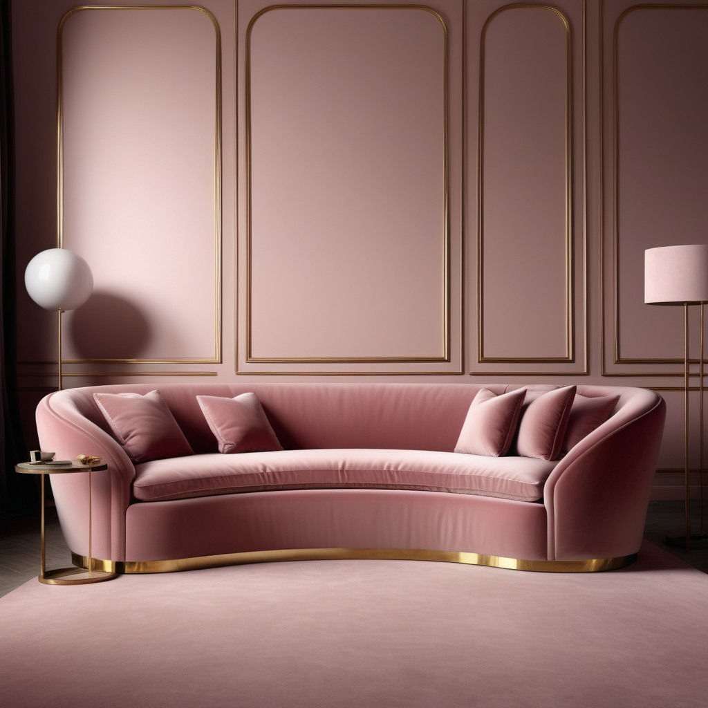 hyperrealistic image of modern Parisian  large curved dusty rose velvet sofa with brass