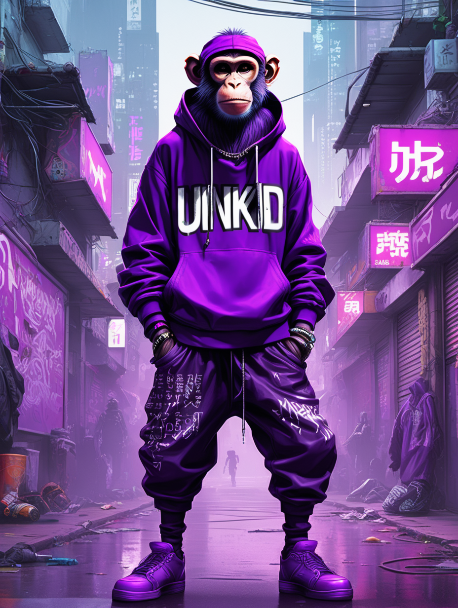 purple rapper monkey with UNKJD written on clothes