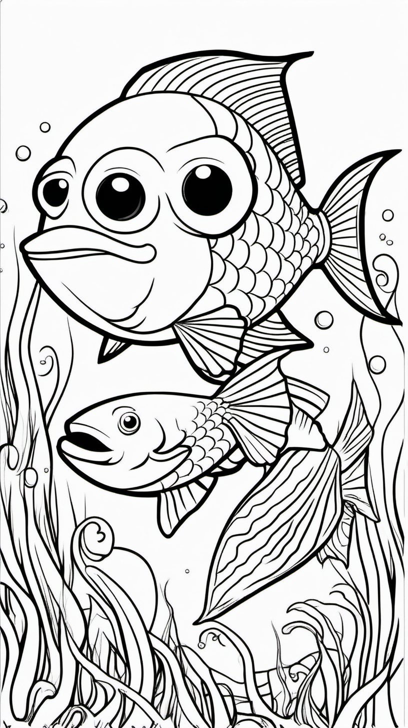 A children's coloring book about beautiful and fun fish in the seas that celebrate Halloween. The background is white and the drawing is in black, with a precise line. The size is 9 inches to 16 inches and without shadow. It consists of 30 pages. 