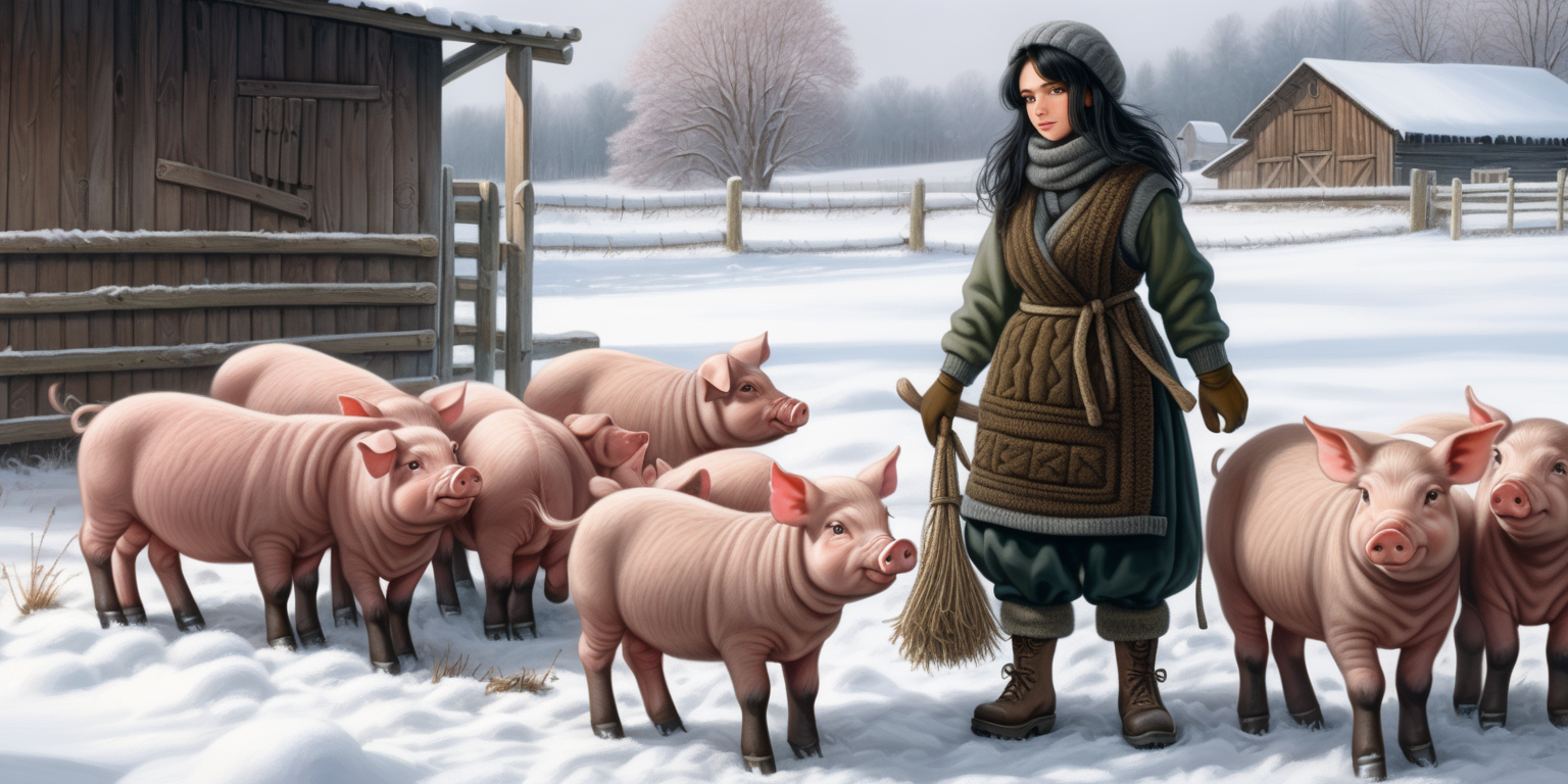 A beautiful peasant woman with long black hair and green eyes works in the pen in front of the barn. Around her are piglets - small and pink. Everything is in mud. The barn is surrounded by a fence of old wooden posts and wire mesh. It's winter, everything is covered with a thick layer of snow. Mud and snow mix. The peasant woman has put on low black rubber boots with big grip on her feet. Brown coarsely knitted woolen socks stick out from them - up to the middle of the leg and. On top of them, to keep her warm, she has put on green - brown, very wrinkled and crumpled woolen knitted gaiters. It is worn with thick elastic leggings, over it there is a shotr knitted skirt in black and brown. A chunky brown-gray wool sweater with a chin-high collar is snug around her. over it she wore an off-white furry sleeveless sweater with a triangle neckline. Above all this is a short  quilted waistcoat in gray which is unbuttoned. On his head he wears a thick knitted woolen gray hat - an ushanka. He also has a thick scarf sloppily draped around his neck. He also wears gray knitted woolen gloves. across the waist, a thin hemp rope is wrapped 2-3 times. 