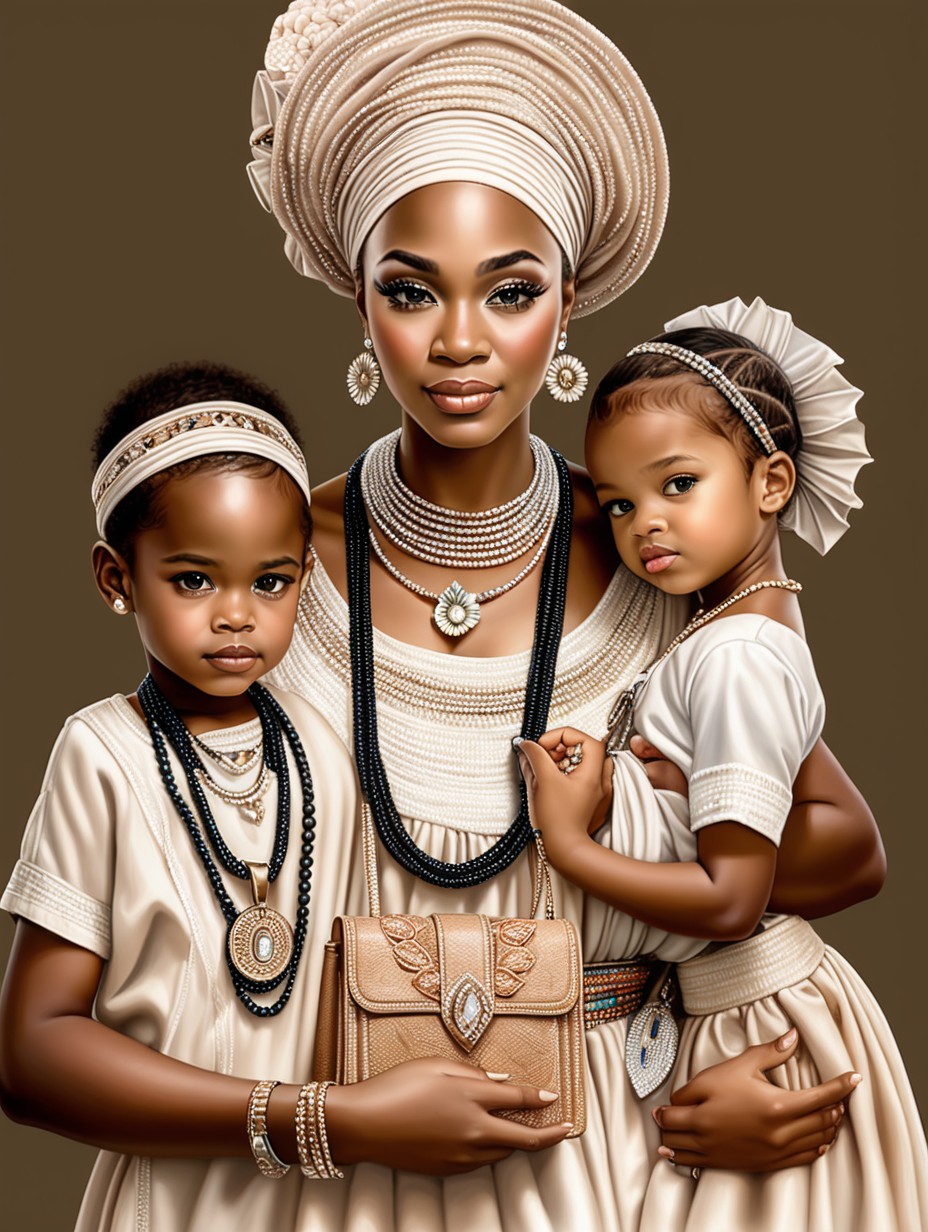 a realistic image of a lady with light brown skin having beautiful make up on and wearing jewelry of beads dressing in aso-Oke dress holding a handbag and two children standing with her 