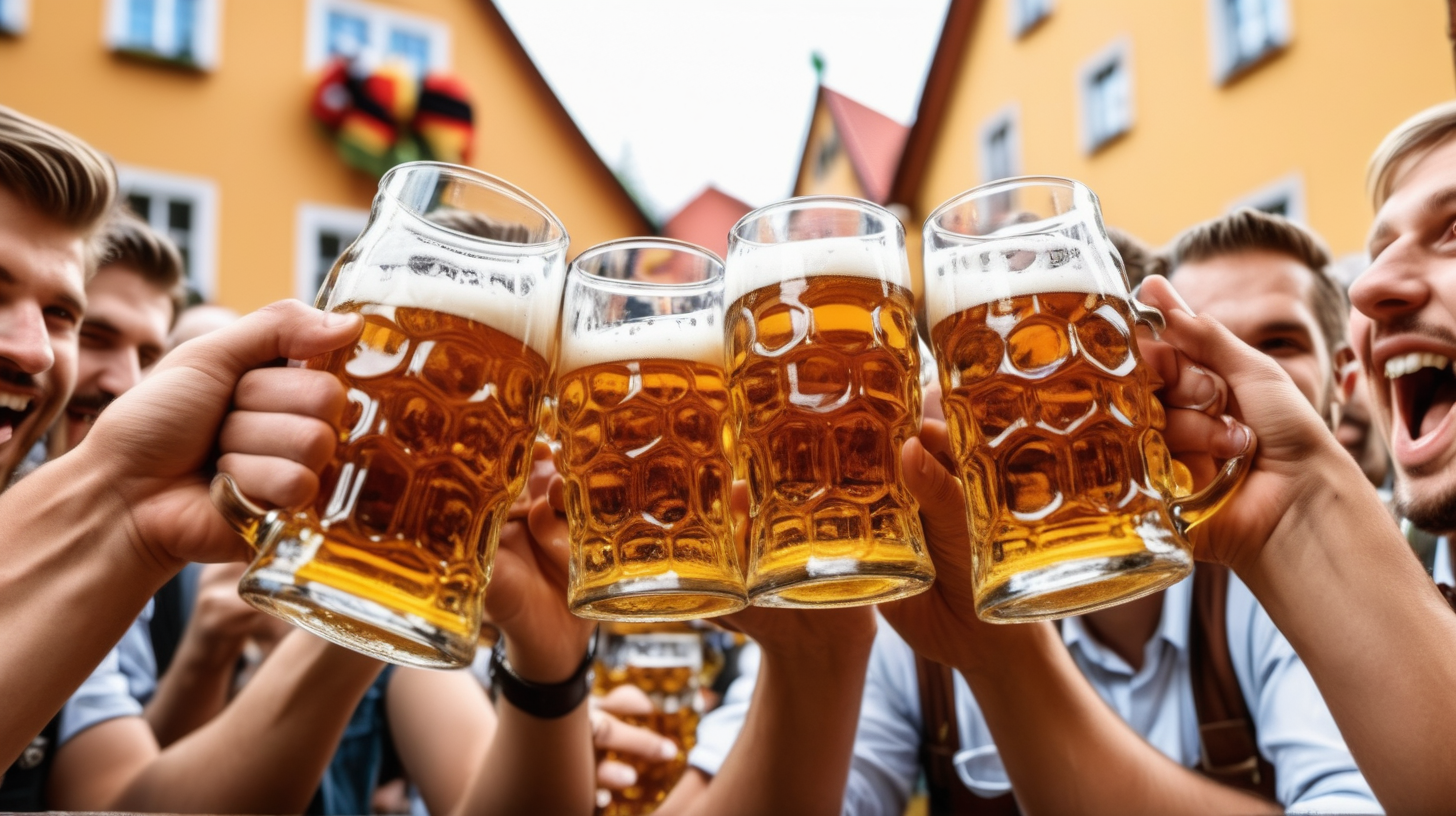 people celebrating Octoberfest in Germany drinking beer out