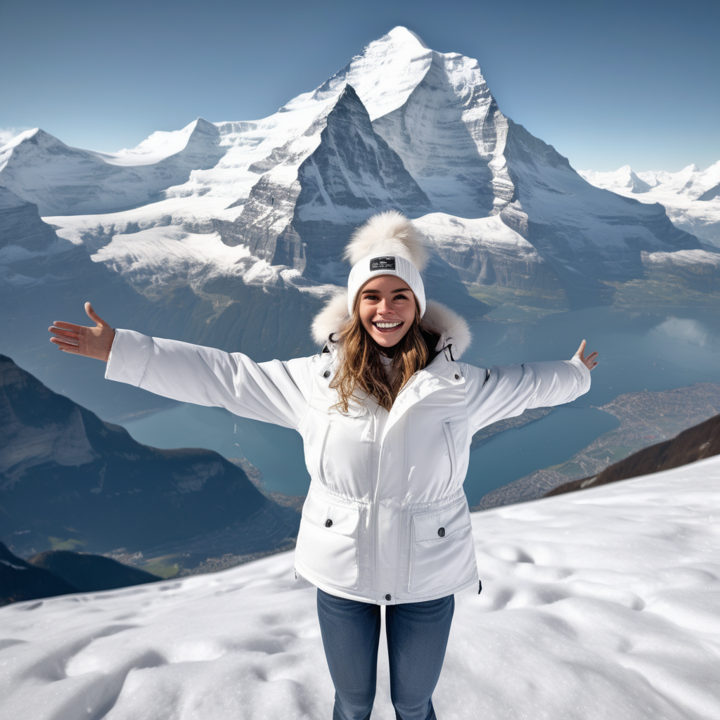 Using the same setting and attire, produce a smiling Emily Feld dressed in White parka and beanie  and jeans,  standing with her arms open, presenting a backdrop of the Eiger Mountain
