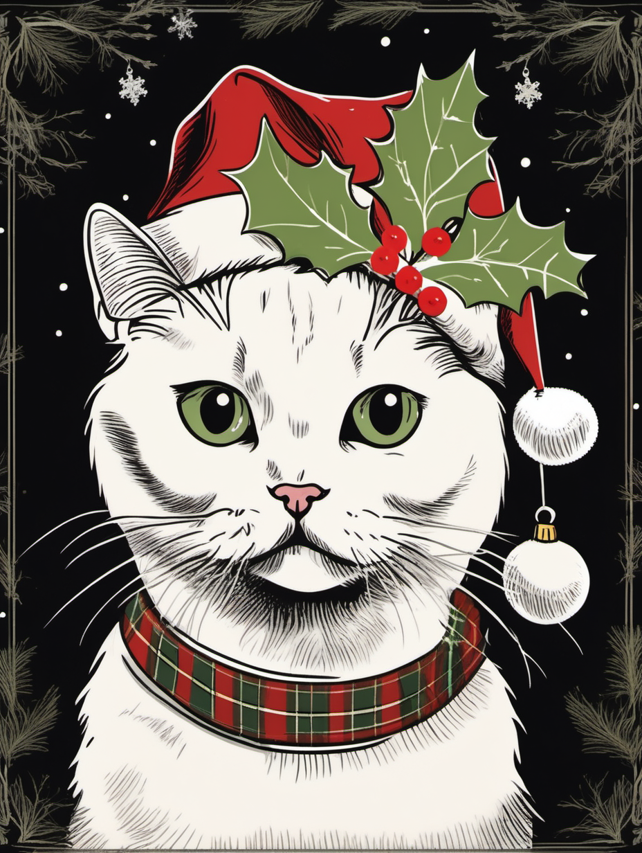 OLD FASHIONED vintage christmas card illustration with mistletoe, a white scottish fold cat wearing christmas hats on a black background