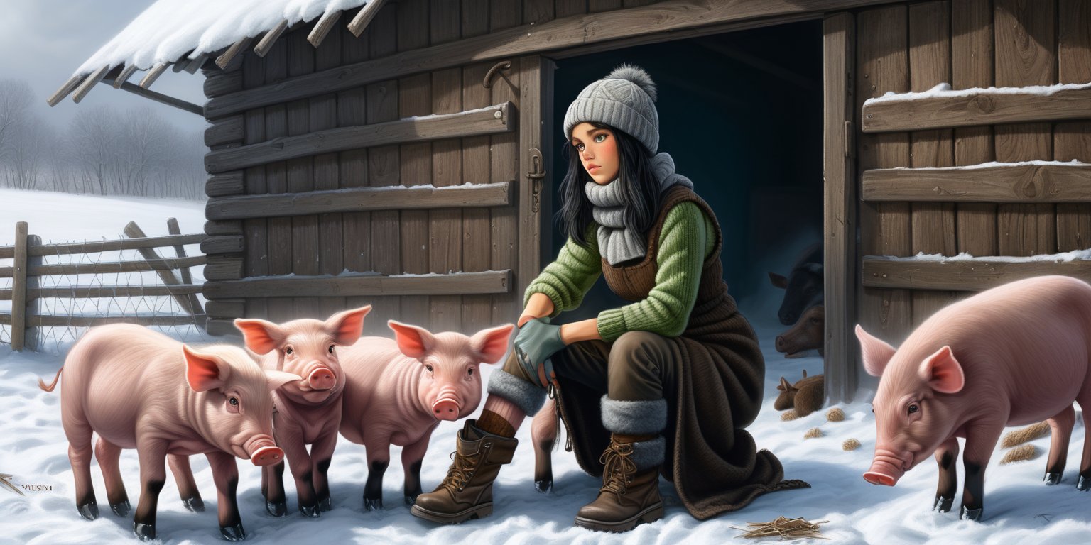 A beautiful peasant woman with long black hair and green eyes works in the pen in front of the barn. Around her are piglets - small and pink. Everything is in mud. The barn is surrounded by a fence of old wooden posts and wire mesh. It's winter, everything is covered with a thick layer of snow. Mud and snow mix. The peasant woman has put on low to the ankle black rubber boots with big grip on her feet. Brown coarsely knitted woolen socks stick out from them - up to the middle of the leg and. On top of them, to keep her warm, she has put on green - brown, very wrinkled and crumpled woolen knitted gaiters. It is worn with thick elastic leggings, over it there is a shotr knitted skirt in black and brown. A chunky brown-gray wool sweater with a chin-high collar is snug around her. over it she wore an off-white furry sleeveless sweater with a triangle neckline. Above all this is a short  quilted waistcoat in gray which is unbuttoned. On his head he wears a thick knitted woolen gray hat - an ushanka. He also has a thick scarf sloppily draped around his neck. He also wears gray knitted woolen gloves. across the waist, a thin hemp rope is wrapped 2-3 times. 