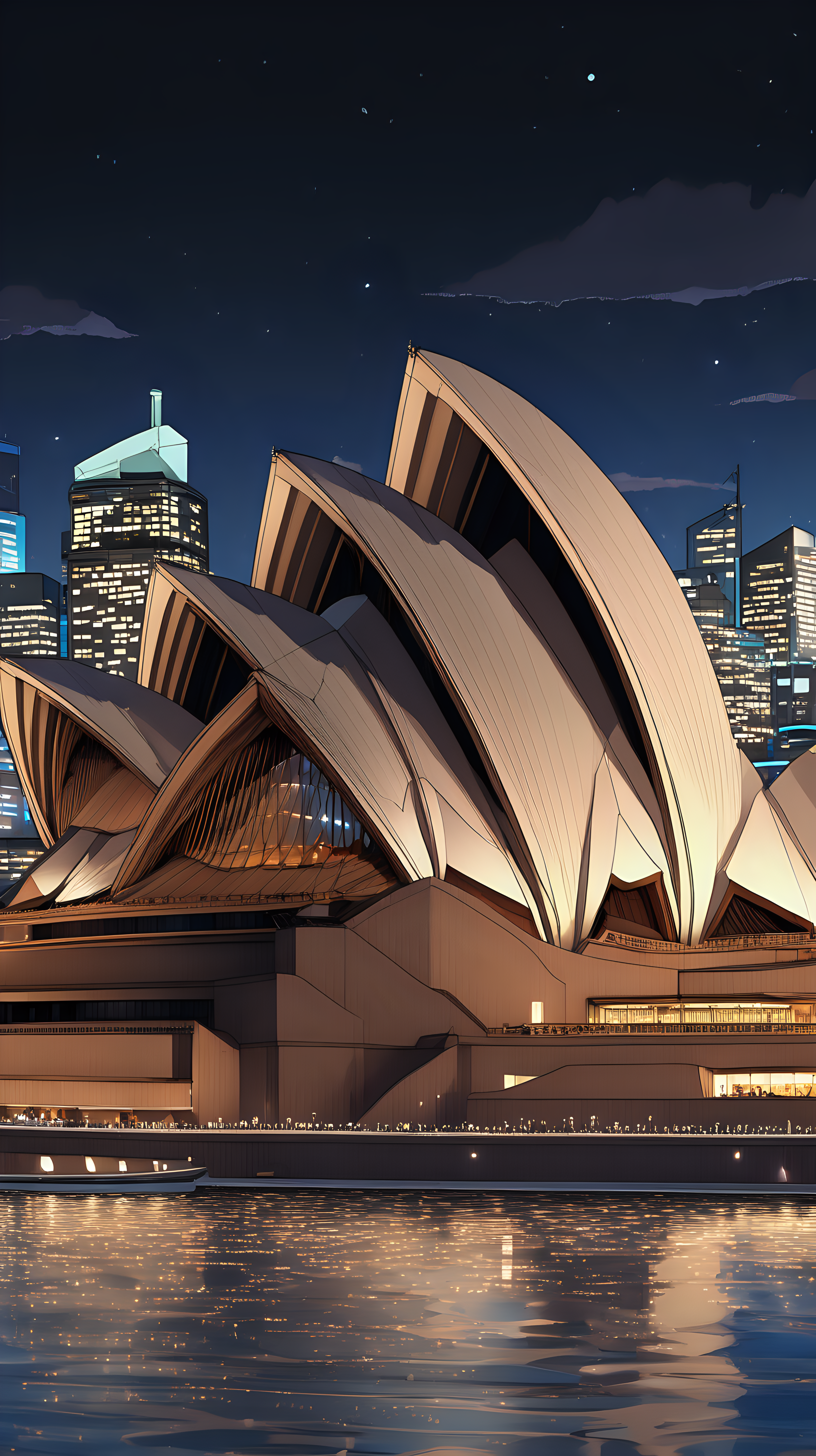 Imagine we're prompting, a detailed and beautiful anime-inspired scene of the Sydney Opera House. Capture the iconic architecture and intricate details with a high-quality camera model and lens. Illuminate the scene with soft, atmospheric lighting, bringing out the beauty of this landmark in an anime-style composition.
