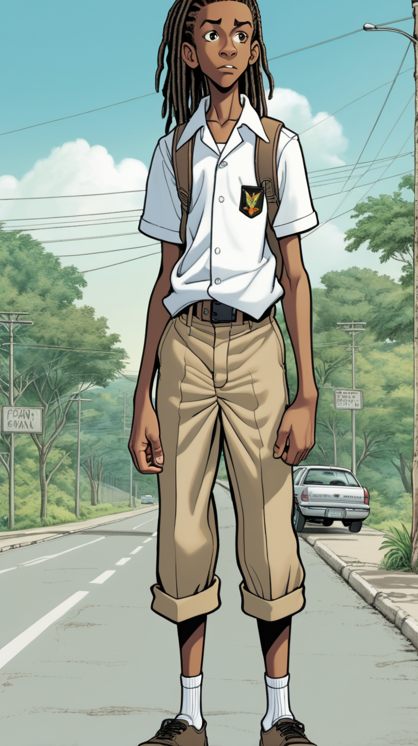 
comic-style 16-year-old black Jamaican teen boy who is tall with short dreadlocks wearing a khaki-colored school uniform with long khaki pants standing up on the road
