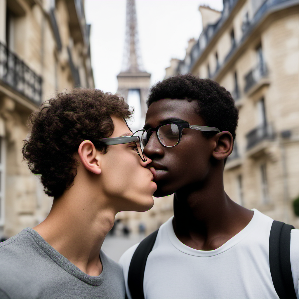  a skinny brown Jordanian Teen who is shy and wears rounded glasses kissing his strong and masculine and muscular black friend in France 