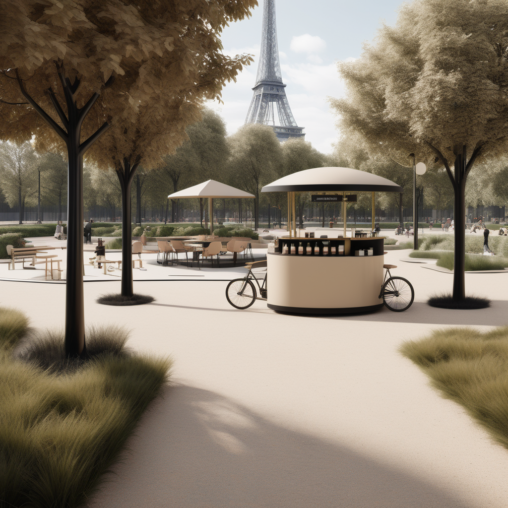 hyperrealistic modern Parisian park with coffee cart and playground; beige, oak, brass and black colour palette

