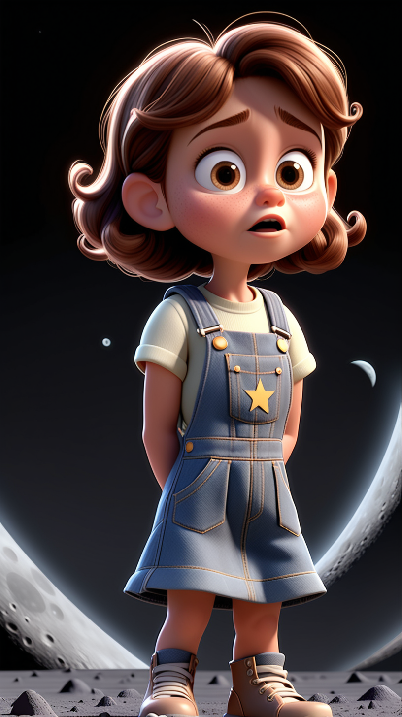 imagine 5 year old short girl with brown hair, fair skin, light brown eyes, wearing a denim dress overall, use Pixar style animation, use white background and make it full body size,confused expression.  standing on the surface of the moon, black background