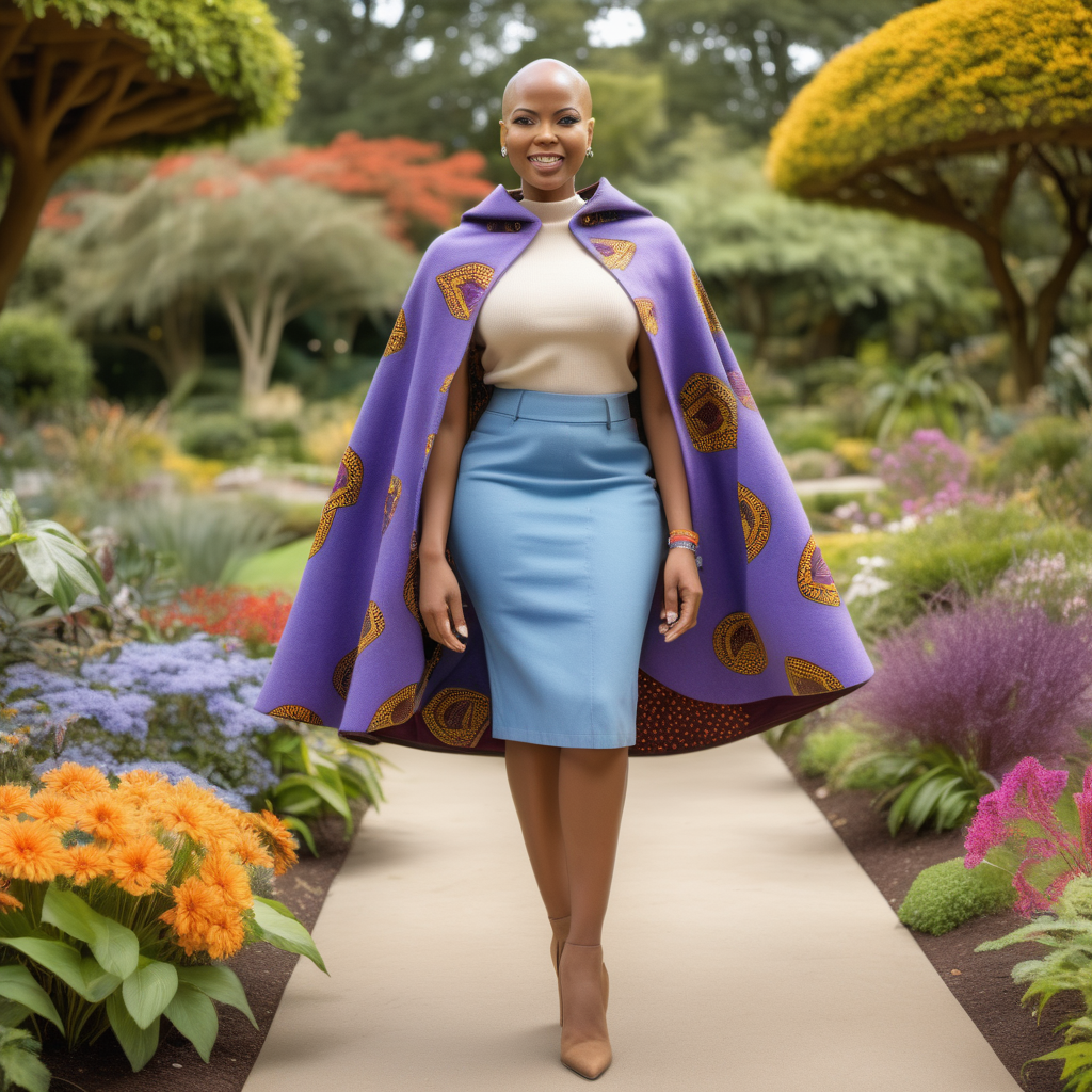 Attractive African woman, wearing bald hair, wearing an African print Skirt, wearing a Powder blue Wool, waist length, swing cape, with African print material in various areas of the garment, wearing a purple, knit dress shirt, wearing cream colored denim with African print material  inside the pockets,  Vibrant images that represent African heritage, In a lush colorful botanical garden, looking to the left, 4k, high definition, high resolution, sunny day light source from above center