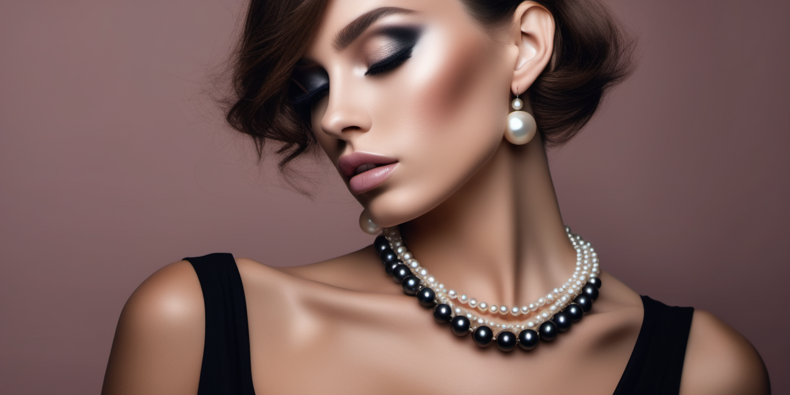 a close up of a nude woman with a black dress and a pearl necklace, perfect colorful eye shadows, inspired by Anna Katharina Block, perfect body face and hands, profile picture, images on the sales website, beautiful android woman, muted colour