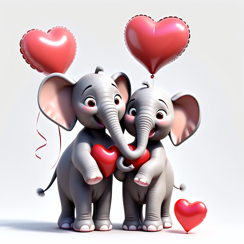 /envision prompt: "Adorable Pixar 3D Baby Elephant Couple" on a white background, holding heart-shaped balloons and sharing a loving gaze. Their expressions convey tender affection, and the overall scene radiates Valentine's warmth. --v 5 --stylize 1000