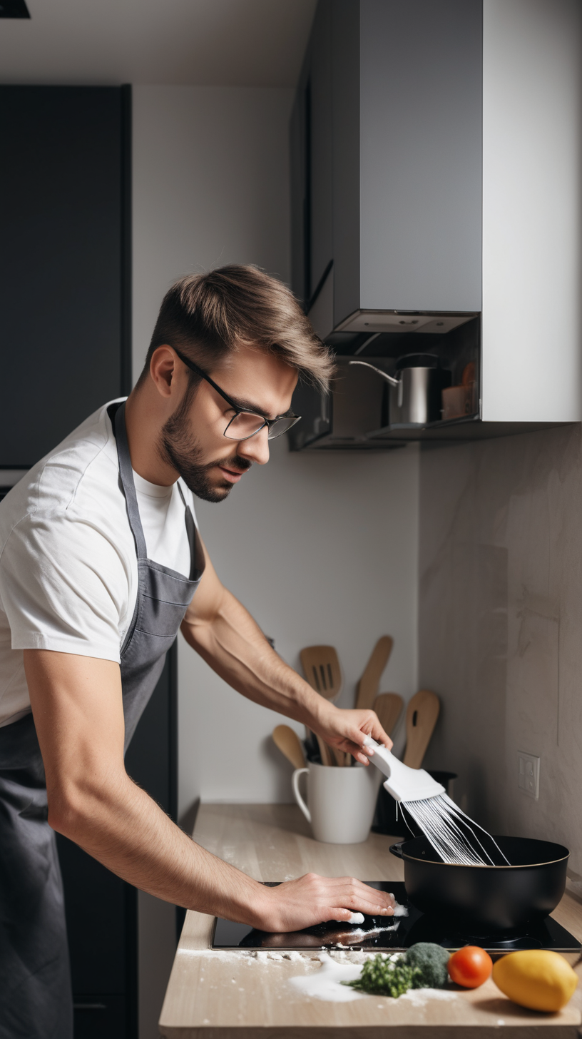 Man being super productive and busy cleaning cooking and doing work 