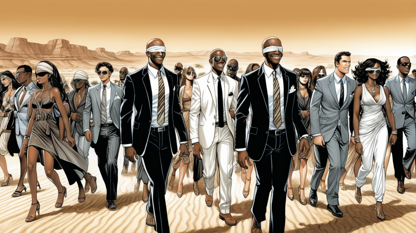 a blindfolded black man with a smile leading a group of gorgeous and ethereal white and black mixed men & women with earthy skin, walking in a desert with his colleagues, in full American suit, followed by a group of people in the art style of Matteo Scalera comic book drawing, illustration, rule of thirds