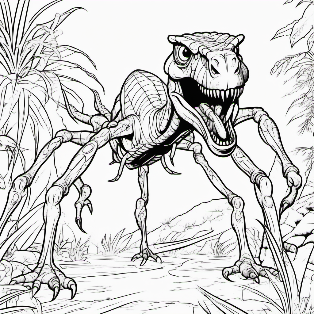 A dinosaur spider, running, coloring book pages