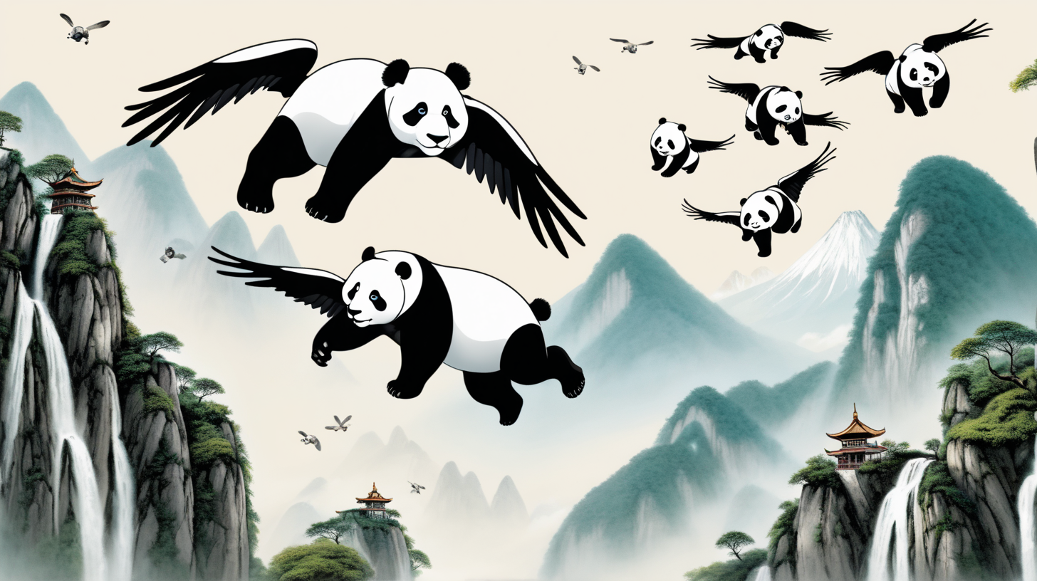 pandas with wing flying over a mountain