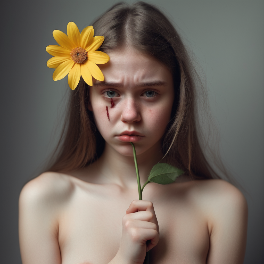 Naked girl with flower and sad face