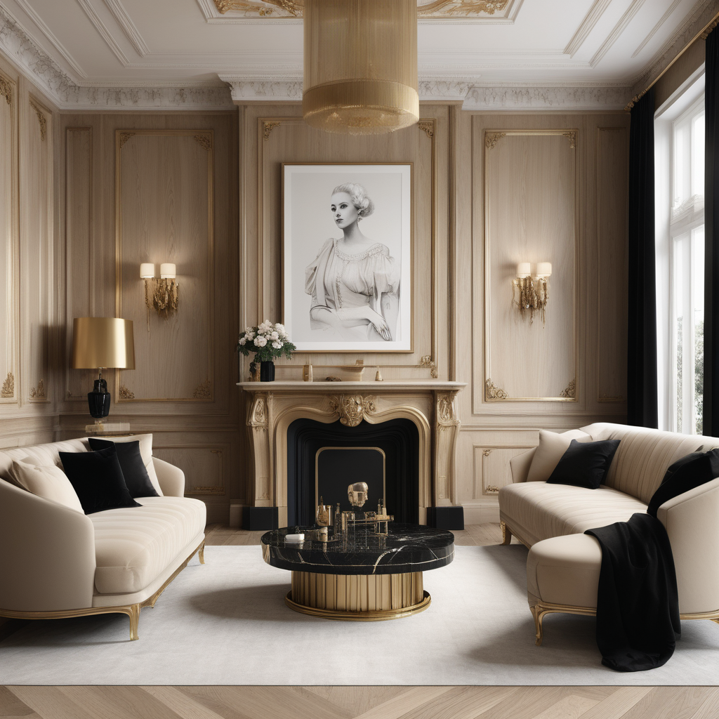 A hyperrealistic image of a palatial modern Parisian  in a beige oak brass colour palette with accents of black 
