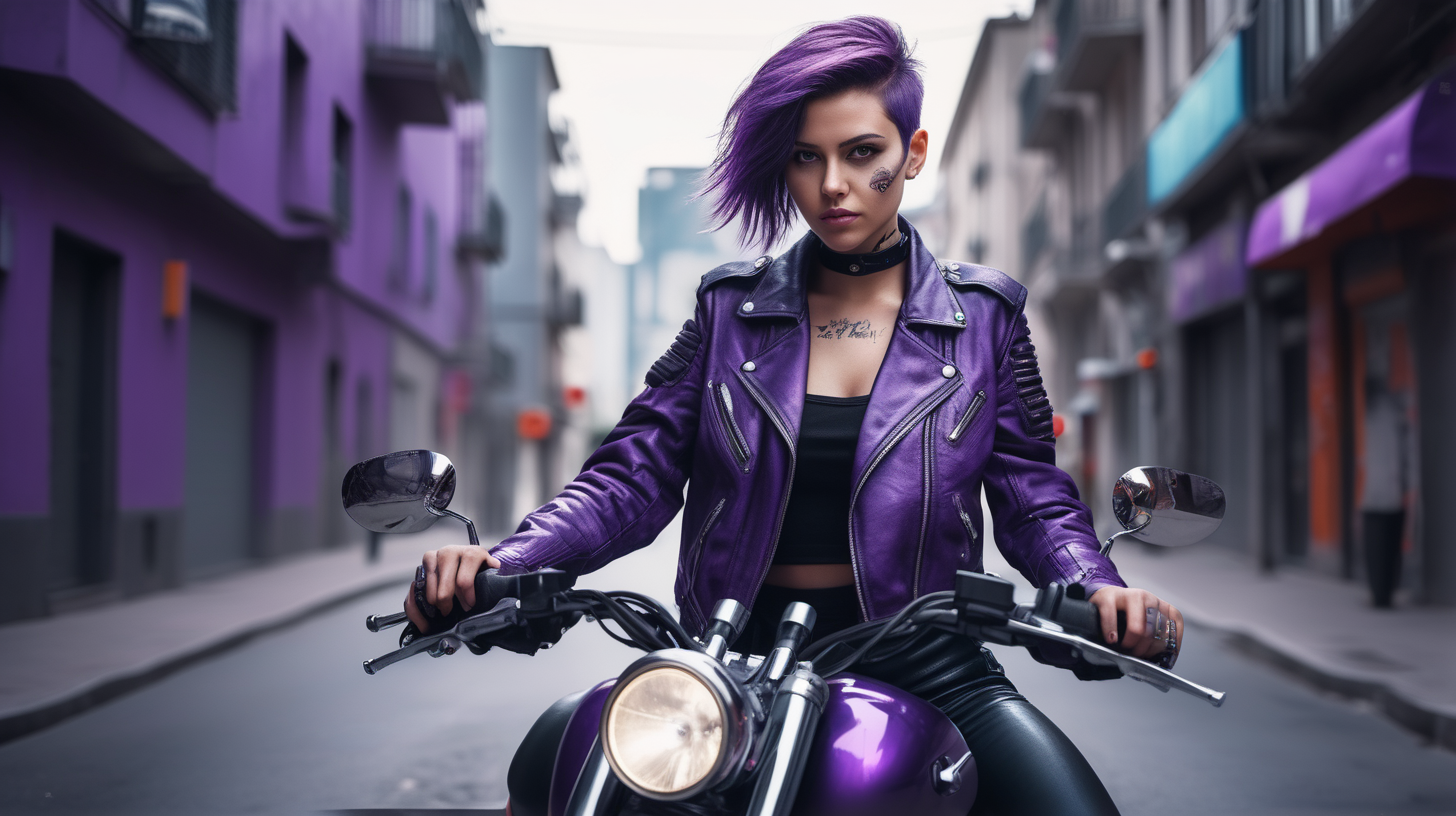 The image features beautiful woman on motorbike, realistic, perfect body, leather jacket, short shorts, purple hair, cyberpunk city, cityscape in the background, Sharp focus. A ultrarealistic perfect example of cinematic shot. Use muted colors to add to the scene.